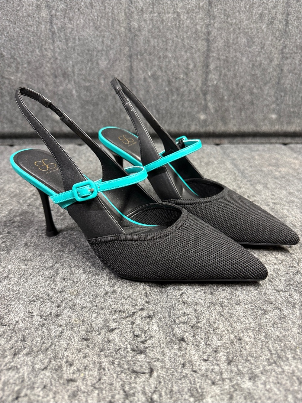 Cozy Island Black Pointed Slingback Heels with Turquoise Strap